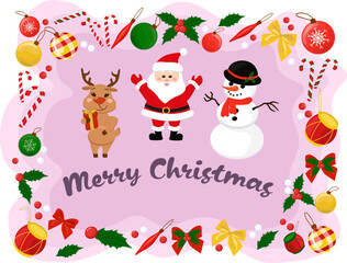 Fototapeta na wymiar christmas card with santa claus, snowman, deer and lots of christmas elements in flat style