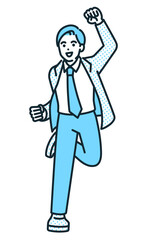 スーツを着た若い男性がガッツポーズをするイラスト。ジャンプするビジネスパーソンの素材。