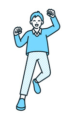 笑顔でジャンプする男性。ガッツポーズをするビジネスマンのイラスト素材。