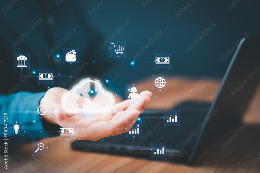 Poster Businessman working at cloud data icon, cloud computing diagram show on hand. Cloud technology. Data storage. Networking and internet service concept.