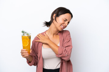 Young hispanic woman holding a cocktail isolated on white background suffering from pain in shoulder for having made an effort