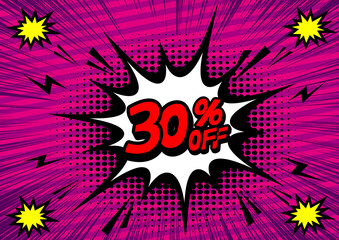 30Percent OFF Discount on a Comics style bang shape background. Pop art comic discount promotion banners.	