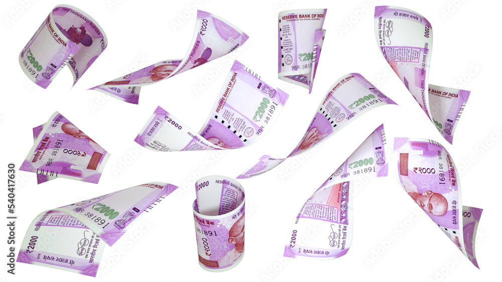 Aufkleber 3D rendering of 2000 Indian rupee notes flying in different angles and orientations isolated on white background