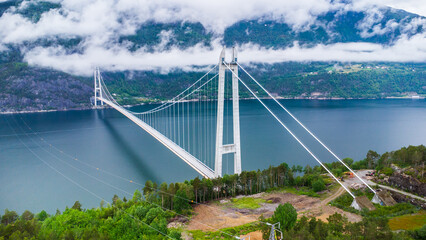 Aerial view of the Hardanger suspension bridge in Norway