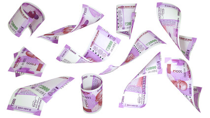 3D rendering of 2000 Indian rupee notes flying in different angles and orientations isolated on white background