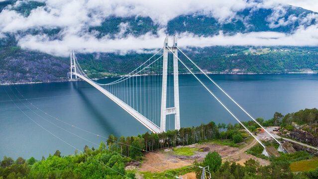 Aerial view of the Hardanger suspension bridge in Norway