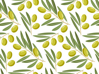 Vector seamless pattern with green olive tree branches. Repeated Flat vector illustration with fruits for natural organic cosmetics, soap, wrapping paper, wallpaper, textile, olive oil, scrapbooking