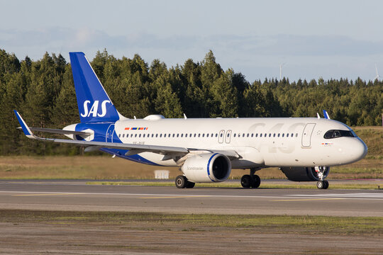 A brand new painted Airbus A320 of SAS Scandinavian Airlines departing Oslo Airport