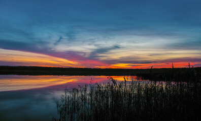 Beautiful autumn sunset on the lake. Evening sky with aquatic vegetation in the foreground.