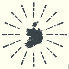 Ireland Logo. Grunge sunburst poster with map of the country. Shape of Ireland filled with hex digits with sunburst rays around. Elegant vector illustration.