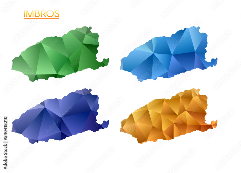 Poster set of vector polygonal maps of imbros. bright gradient map of island in low poly style. multicolore