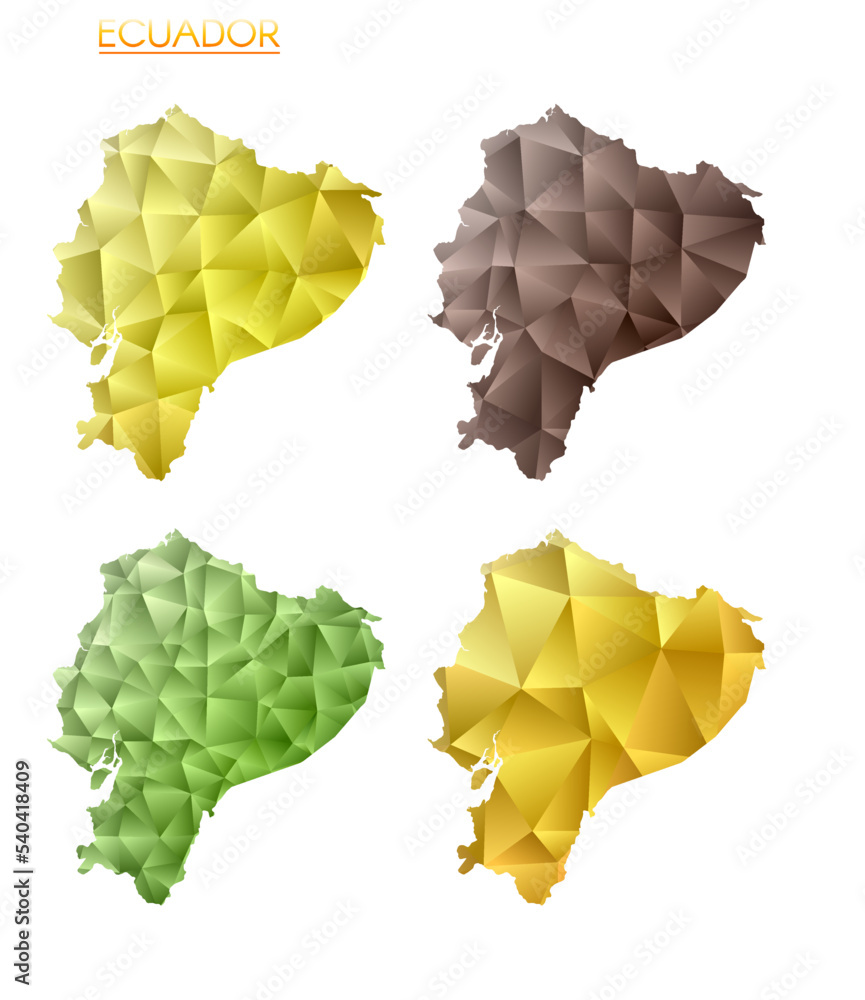 Poster set of vector polygonal maps of ecuador. bright gradient map of the country in low poly style. multi