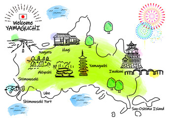 手書きの山口県の観光地のシンプル線画イラストマップ
