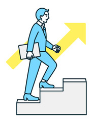 階段を上る男性。一歩一歩確実にキャリアアップ、ステップアップするビジネスマンのイラスト素材。