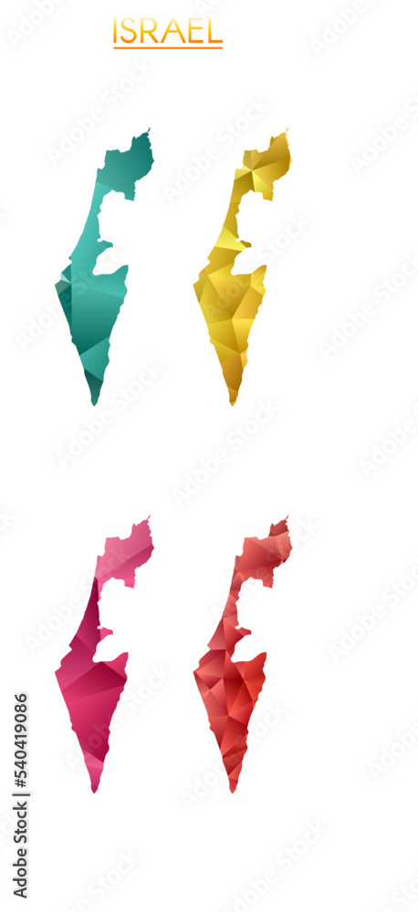Poster set of vector polygonal maps of israel. bright gradient map of the country in a low poly style. mult
