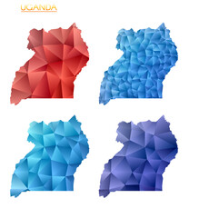 Set of vector polygonal maps of Uganda. Bright gradient map of country in low poly style. Multicolored Uganda map in geometric style for your infographics. Neat vector illustration.