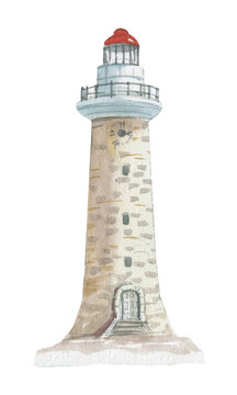 Watercolor drawing of a lighthouse isolated on a white background.