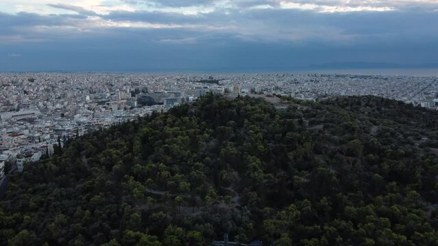 Athens cityscape and Filopappou Hill or Philopappos aerial view in Greece