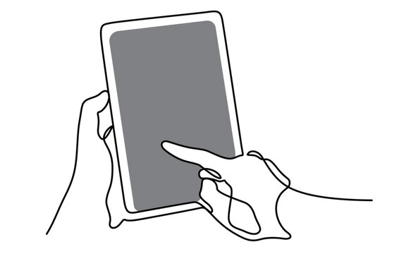 tablet held, finger touching screen, line art clip art preview