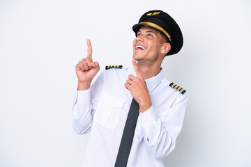 Airplane caucasian pilot isolated on white background pointing with the index finger a great idea