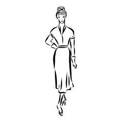 Black and white fashion woman, redhead model with boutique logo background. Hand drawn vector illustration
