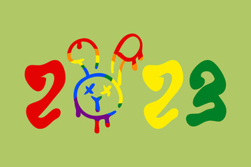 Modern New Year 2023 background with melting bunny face and numbers in rainbow colors. Perfect for T-shirt, print, poster. Vector illustration for decor and design.