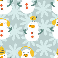 Childish seamless pattern with snowmen, snowflakes and birds. Winter print for tee, paper, fabric, textile. Hand drawn vector illustration for decor and design.
