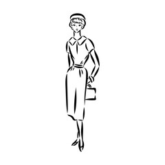 Black and white fashion woman, redhead model with boutique logo background. Hand drawn vector illustration