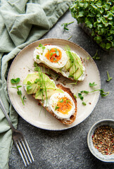 Bread toast, boiled eggs, avocado slice, microgreens on a plate