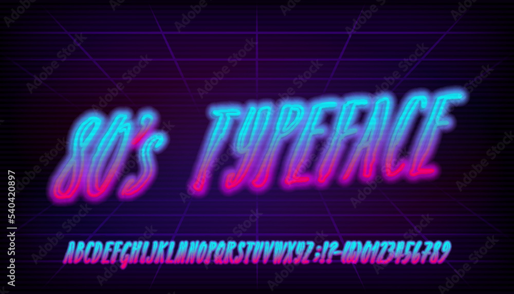 Poster 80s typeface alphabet font. hand drawing neon letters, numbers and punctuations. retro-futuristic ve