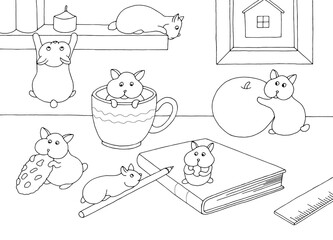 Funny hamster play on table graphic black white sketch illustration vector
