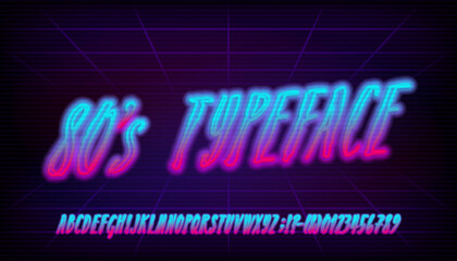 80s typeface alphabet font. Hand drawing neon letters, numbers and punctuations. Retro-futuristic vector typescript for your typography design.