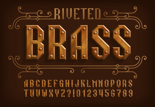 Riveted Brass alphabet font. Steampunk letters and numbers. Stock vector typeface for your design.