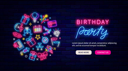 Birthday party neon promotion. Circle layout with icons. Website landing page template. Vector stock illustration