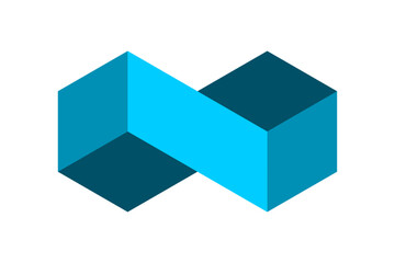 Blue Infinity symbol made of cubes. Geometric rectangular eternal sign. 3D isometric projection. Two cubes connected. Hexagon logo template. Unity connection concept. Vector illustration, clip art.  