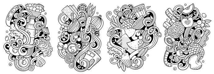 Diet food cartoon vector doodle designs set.