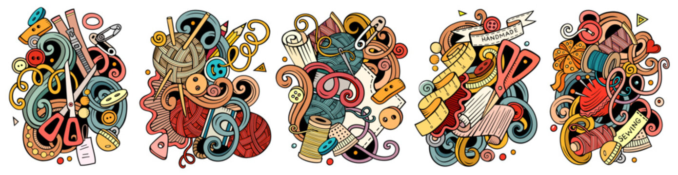 Handmade cartoon vector doodle designs set.