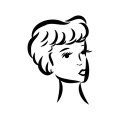 Womans face. Sketch. The head of the girl in full face. Vector illustration. Haircut for medium hair-cascade. Plump lips. Lady with heterochromia. One eye is blue, the other brown. Female portrait.