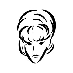 Womans face. Sketch. The head of the girl in full face. Vector illustration. Haircut for medium hair-cascade. Plump lips. Lady with heterochromia. One eye is blue, the other brown. Female portrait.