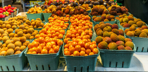 Exotic fruit, lychee, mangosteen, rambutan, at the Vancouver Farmers' market