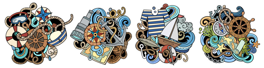 Nautical cartoon vector doodle designs set