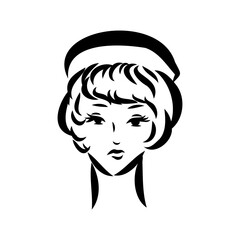 Womans face. Sketch. The head of the girl in full face. Vector illustration. Haircut for medium hair-cascade. Plump lips. Lady with heterochromia. One eye is blue, the other brown. Female portrait.