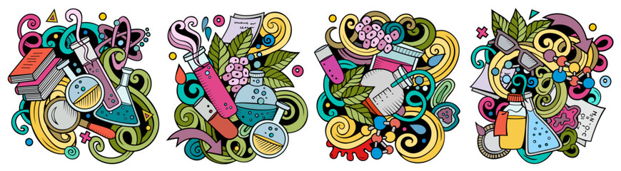 Science cartoon vector doodle designs set.