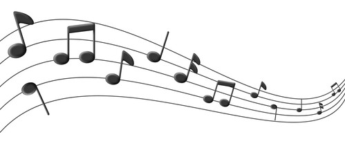 Music notes wave with 3d volume black notes, isolated