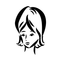 Womans face. Sketch. The head of the girl in full face. Vector illustration. Haircut for medium hair-cascade. Plump lips. Lady with heterochromia. One eye is blue, the other brown. Female portrait.