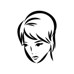 Womans face. Sketch. The head of the girl in full face. Vector illustration. Haircut for medium hair-cascade. Plump lips. Lady with heterochromia. One eye is blue, the other brown. Female portrait.