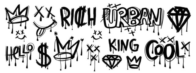 Fototapeten Set of black graffiti spray elements. Collection of spray patterns, texts, symbols, signs, crowns, emojis. Airbrush street urban style drawing graphics on white isolated background.  © OdetaBlue