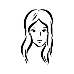 Womans face. Sketch. The head of the girl in full face. Vector illustration. Haircut for medium hair-cascade. Plump lips. Lady with heterochromia. One eye is blue, the other brown. Female portrait.