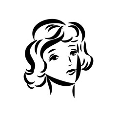 Womans face. Sketch. The head of the girl in full face. Vector illustration. Haircut for medium hair-cascade. Plump lips. Lady with heterochromia. One eye is blue, the other brown. Female portrait.