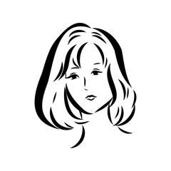 Womans face. Sketch. The head of the girl in full face. Vector illustration. Haircut for medium hair-cascade. Plump lips. Lady with heterochromia. One eye is blue, the other brown. Female portrait.